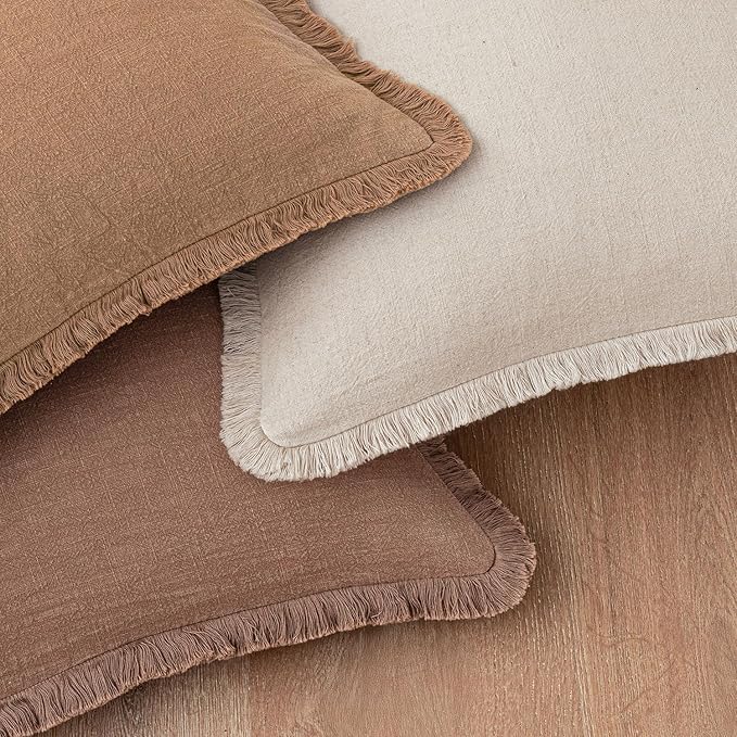 Woaboy Set of 2 Decorative Linen Fringe Throw Pillow Covers Boho Farmhouse Euro Cushion Covers Accent Pillowcases with Tassels for Living Room Couch Sofa Bed Chair,26x26 Inch,Brown