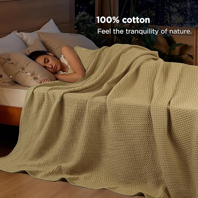 Tex Trend Waffle Blanket – 100% Cotton Blankets Queen Size – Breathable and Soft for Summer Spring – Suitable for Bed Layering, Sofa & Couch - Khaki (90”x90”)