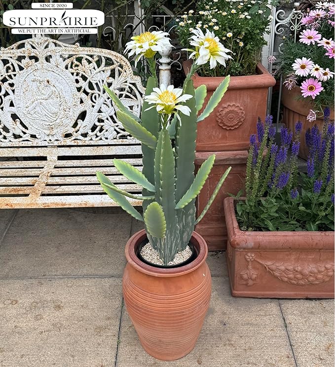 33 Inch Large Artificial Cactus with Lilly White Flowers in Pot with Natural Gravel. Satin Finish Leaves with Real Look and Feel. Outdoor and Indoor Faux Plants.