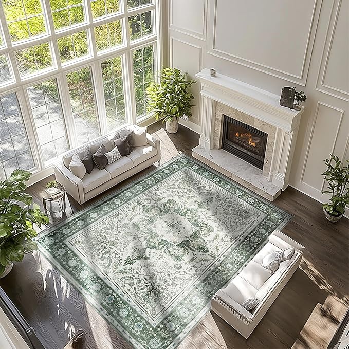 8x10 Boho Washable Area Rugs for Large Living Room Machine Washable Rug Stain Resistant Non-Slip Backing for Bedroom, Soft Vintage Area Rug (Green,8x10ft)