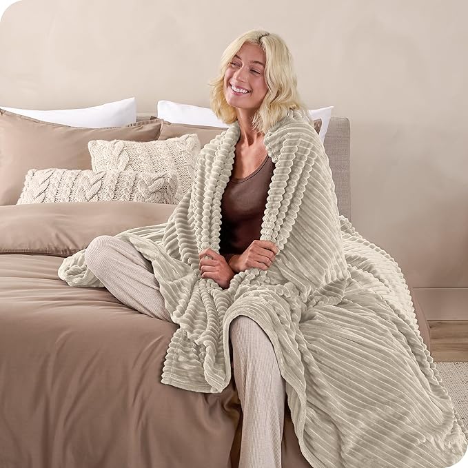 Bare Home Textured Fleece Blanket - Throw/Travel - Ultra-Soft Lightweight for Bed, Sofa, and Couch - Luxury Microplush - Cozy Warm Blanket (Throw, Ribbed Oyster)