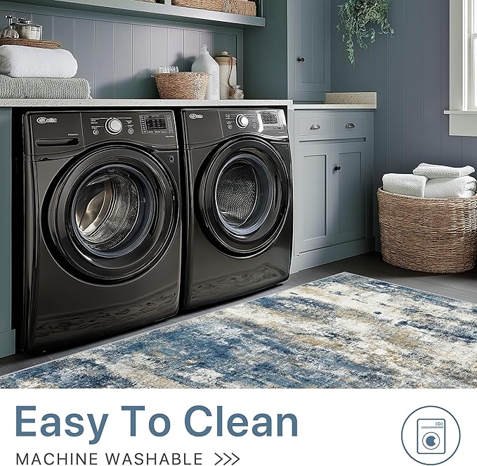 Machine Washable Rug 5x7 Area Rugs for Living Room Bedroom, Large Navy Blue Beige Abstract Area Rug Soft Throw Rugs, Low-Pile Floor Carpet with Non Slip Rubber Backing