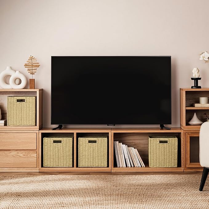 UBBCARE 2 Pack Wicker Basket,11L×11H×10.5W inch Woven Paper Rope Storage Baskets for Shelves, Foldable Cube Storage bin with Handle, Storage Basket for Organizing &amp; Decor, Natural