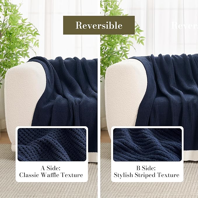 Amélie Home Waffle Throw Blanket for Couch, Soft Cozy Chenille Knit Blanket Warm Decorative Throw for Sofa, 50"x60", Navy Blue
