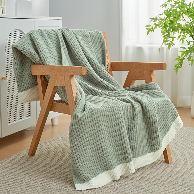 Amélie Home Waffle Throw Blanket for Couch, Soft Cozy Chenille Knit Blanket Warm Decorative Throw for Sofa, 50"x60", Sage Green
