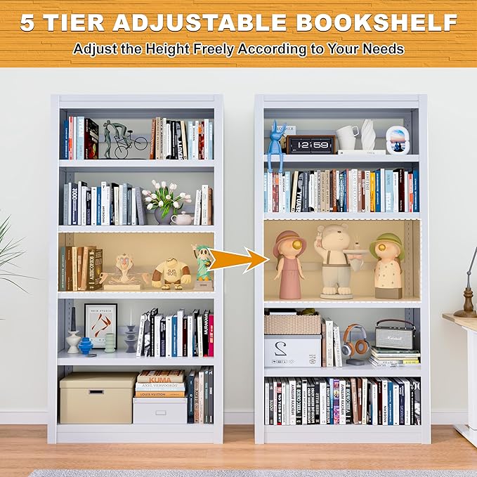 69" H Bookshelf, Metal Bookcase, Standing Heavy Duty Book Shelf, 5 Tier Bookshelfs with Adjustable Shelves for Living Rooms, Home Offices, Library, 10 Minutes Assemble