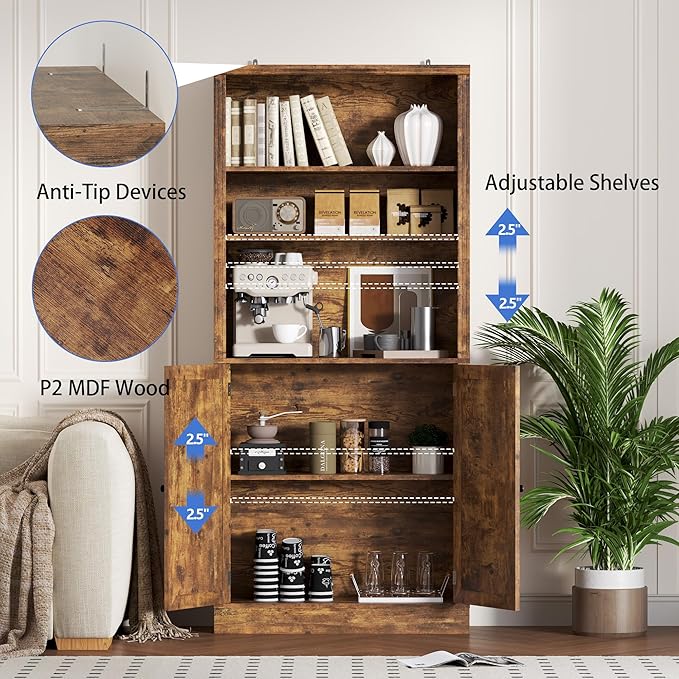 71.4" Tall Bookshelf with Cabinet, 5-Tier Floor Standing Bookcase with Doors &amp; Adjustable Shelves, 31.5" Wide Storage Shelf, Metal Handles, Modern Organizer for Home Office, Living Room