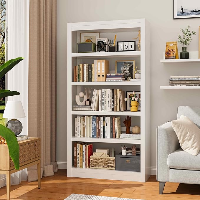 61" H Metal Bookshelf, 5 Tier Adjustable Bookshelf, White Small Bookcase, Bedroom Bookshelfs and Bookcases, Modern Book Shelf for Living Room, Office, Easy Tool-Free Assembly