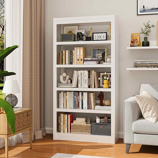 61" H Metal Bookshelf, 5 Tier Adjustable Bookshelf, White Small Bookcase, Bedroom Bookshelfs and Bookcases, Modern Book Shelf for Living Room, Office, Easy Tool-Free Assembly