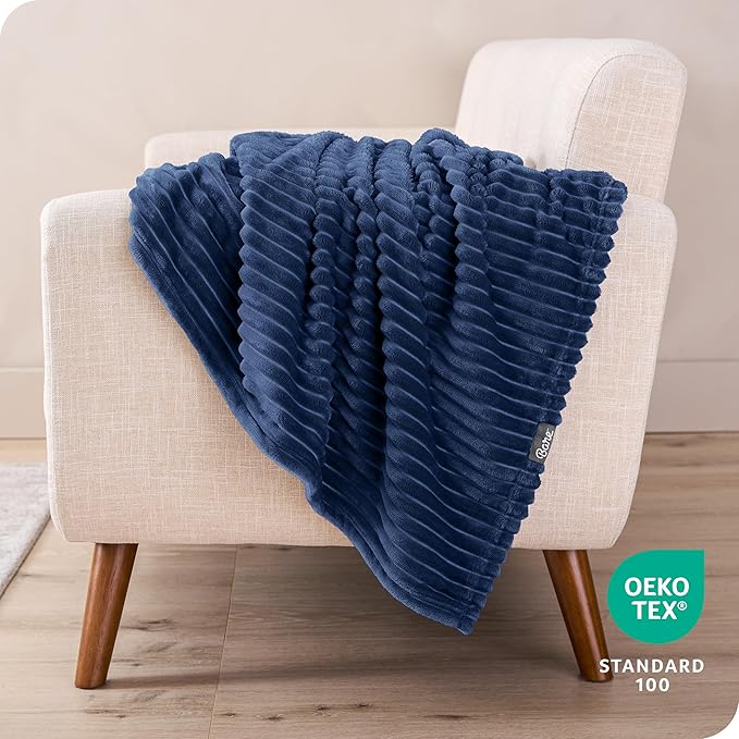 Bare Home Textured Fleece Blanket - King Size - Ultra-Soft Lightweight for Bed, Sofa, and Couch - Luxury Microplush - Cozy Warm Blanket (King, Ribbed Dark Blue)