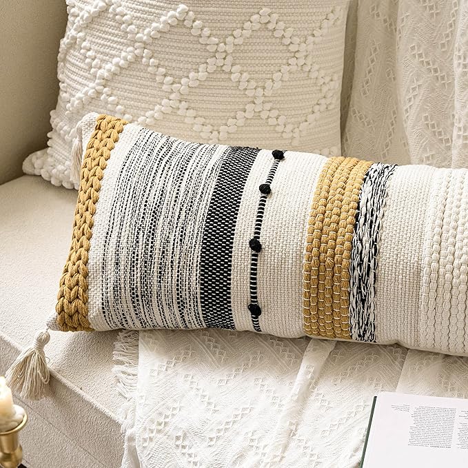 Fall Decorative Lumbar Throw Pillow Cover 14x36 Boho Long Cushion for Bed Yellow Mustard Accent Farmhouse Pillowcase for Bedroom Living Room Couch Sofa Home Décor Cover ONLY