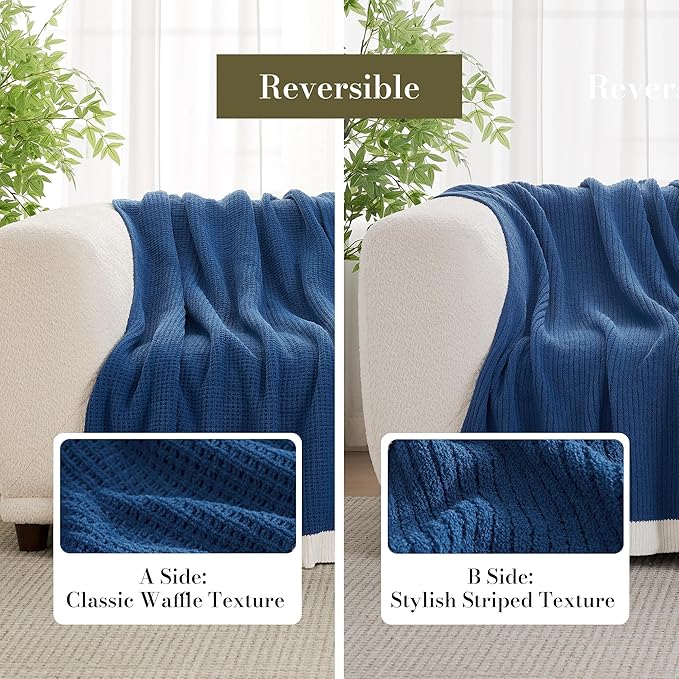 Amélie Home Waffle Throw Blanket for Couch, Soft Cozy Chenille Knit Blanket Warm Decorative Throw for Sofa, 50"x60", Indigo