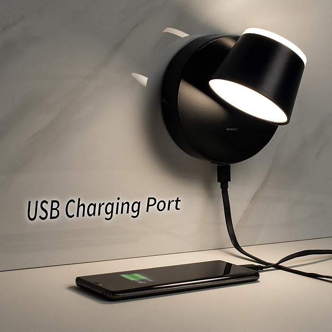URSOLA Wall Light Set of Two, LED Wall Sconce with On/Off Switch USB Charging Port 110 Volt Hardwired Wall Lamp 350 Rotatable Up Down Sconces Wall Lighting (Black)