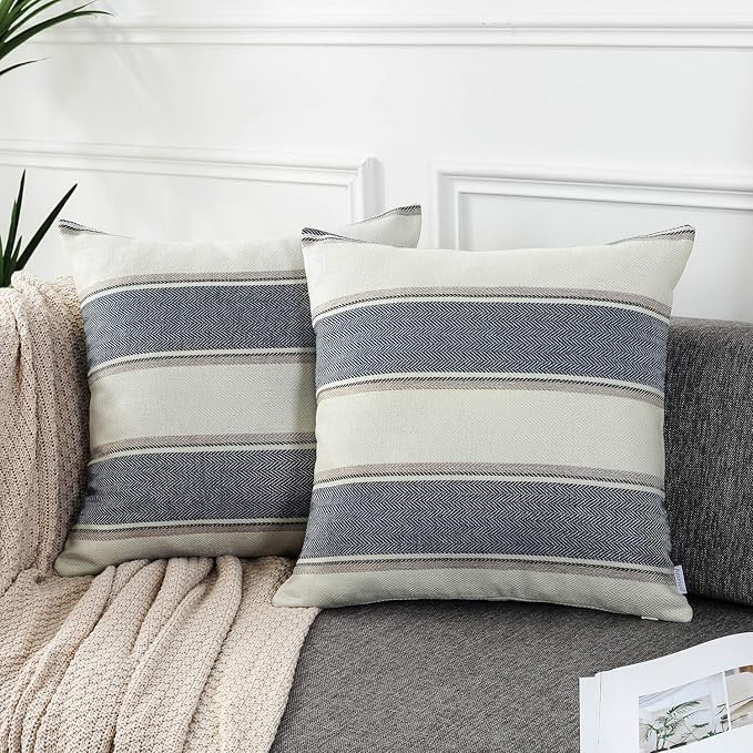 AmHoo Pack of 2 Farmhouse Linen Throw Pillow Cover Cushion Stripe Decoration Buffalo Retro Pillowcase with Hidden Zipper for Sofa Bedroom Car 26 x 26 Inch Blue