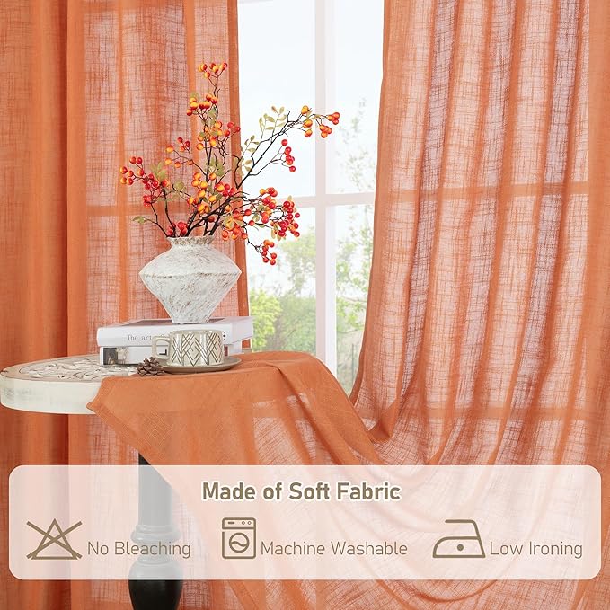 LAMIT Sheer Linen Curtains 63 Inch for Bedroom, Light Filtering Country Decor Semi Sheer Farmhouse Boho Curtains Bronze Grommet Living Room Panels, Burnt Orange, 2 Panels, 52 x 63 Inch