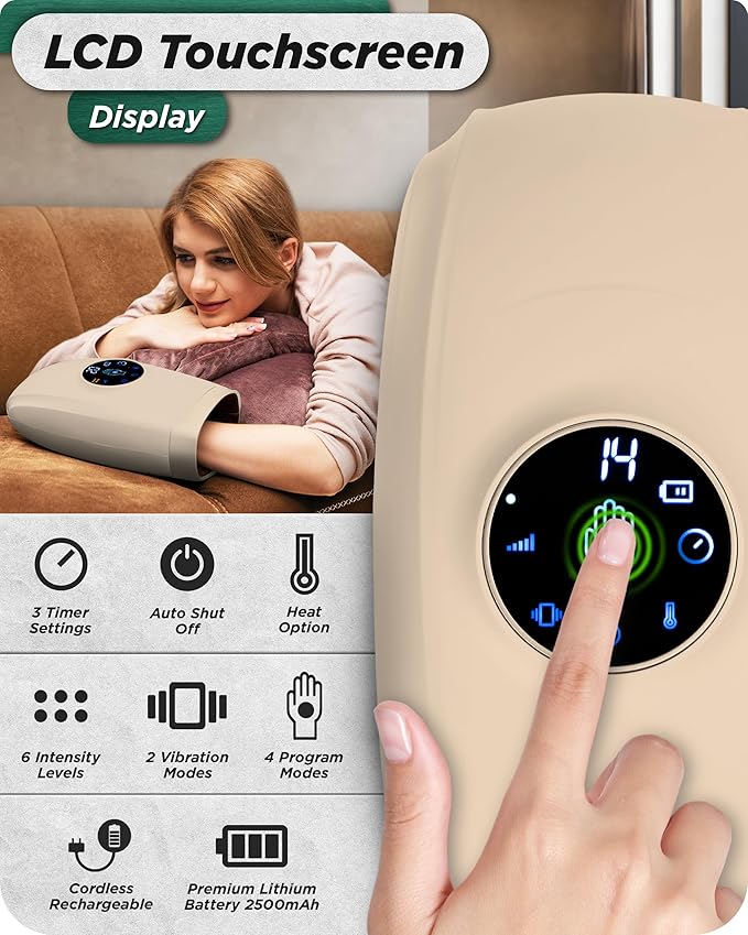 Lunix LX7 Touchscreen Electric Hand Massager with Compression and Heat, Pressure Point Therapy for Arthritis, Pain Relief, and Carpal Tunnel, Shiatsu Massage Machine, with Hand Warmer, Beige