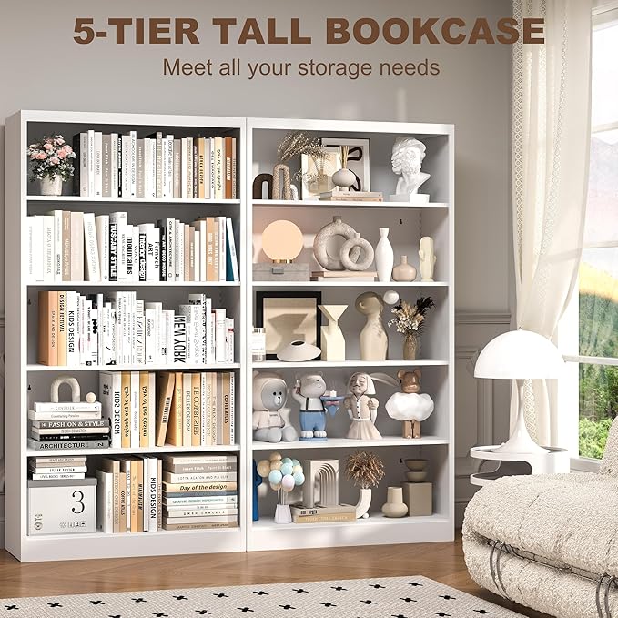 Book Shelf Organizer, Metal Bookshelfs Adjustable, 5 Tier White Bookcase, Heavy Duty Open Bookshelf for Office, Living Room, Library, Bedroom, 65.8" Tall