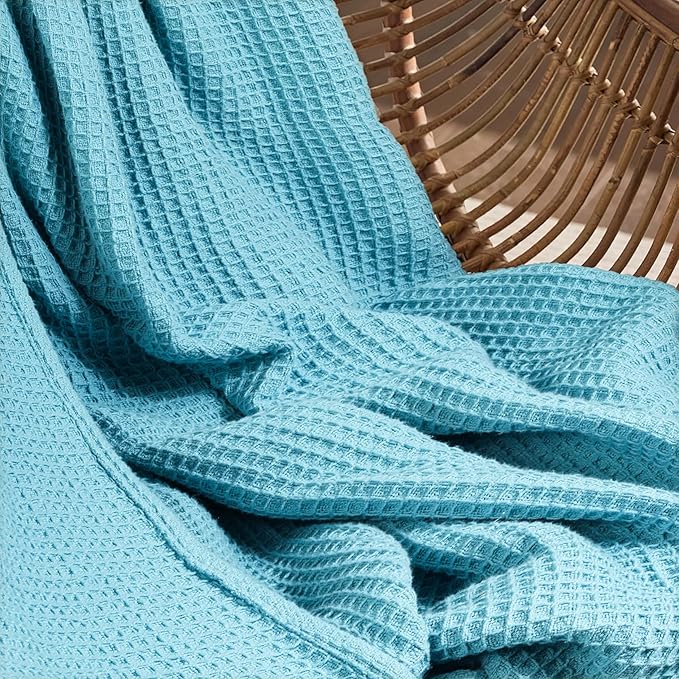 Tex Trend 100% Cotton Blankets King Size – Durable and Versatile Waffle Weave Blankets for Year Round Coziness – Breathable &amp; Lightweight - Blue (90”x108”)