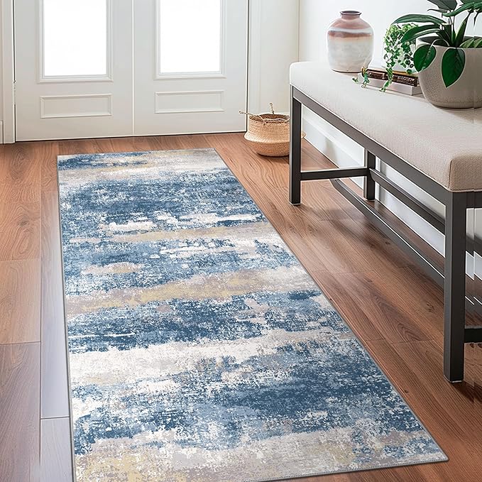 Runner Rug for Hallway Kitchen 2x7 Machine Washable Runners Rug for Entryway, Blue Cream Soft Modern Abstract Throw Rugs, Floor Carpet with Non Slip Rubber Backing