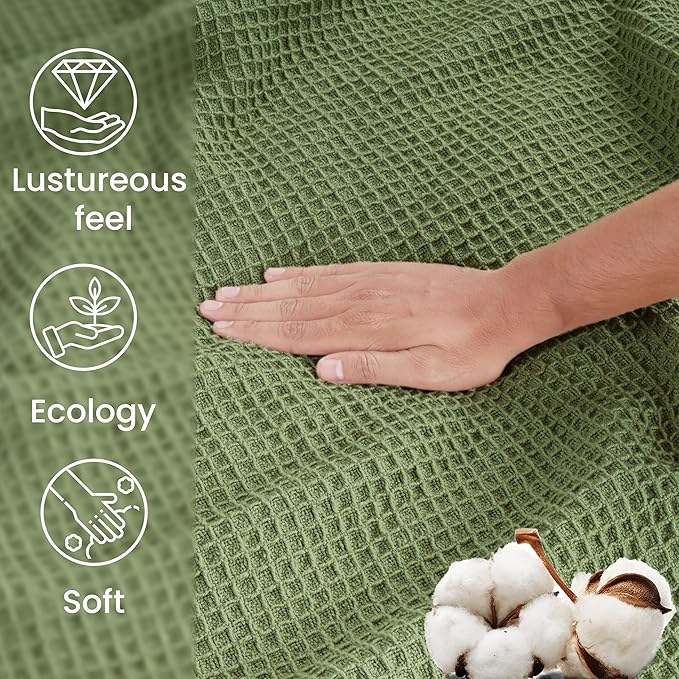 Tex Trend Waffle Blanket – 100% Cotton Blankets Queen Size – Breathable and Soft for Summer Spring – Suitable for Bed Layering, Sofa & Couch - Sage Green (90”x90”)