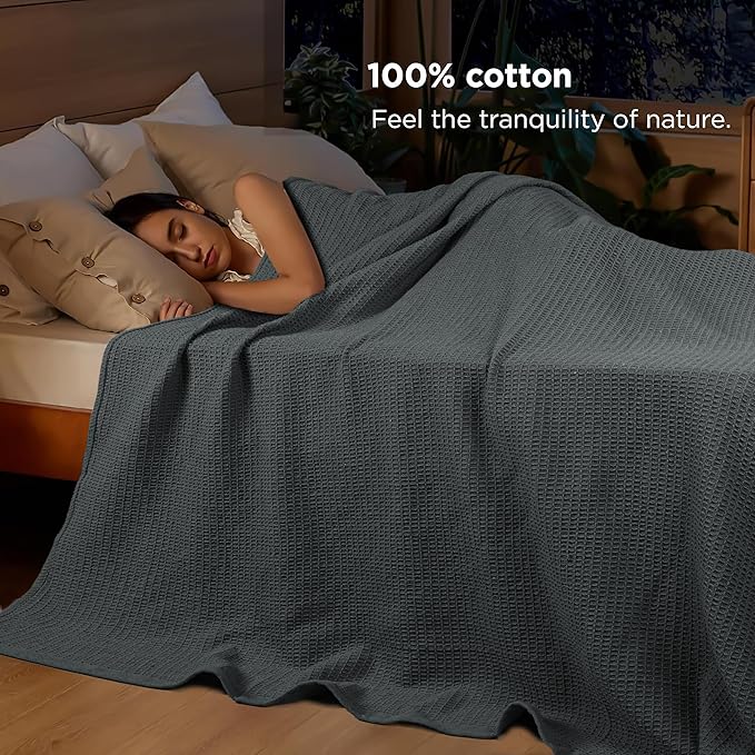 Tex Trend Gray Waffle Blanket – 100% Cotton Blankets Queen Size – Breathable and Soft for Summer Spring – Suitable for Bed Layering, Sofa – Gray (90”x90”)