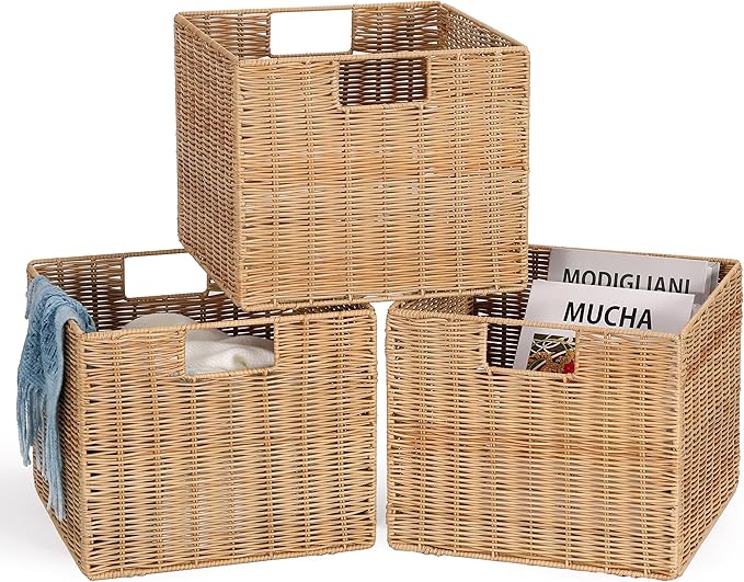 12X12X10in Plastic Wicker Storage Basket, Collapsible Wicker Cube Storage for Shelves, Woven Plastic Storage Basket for Pantry, Bedroom, Living Room, Bathroom, Shelves-3 Pack