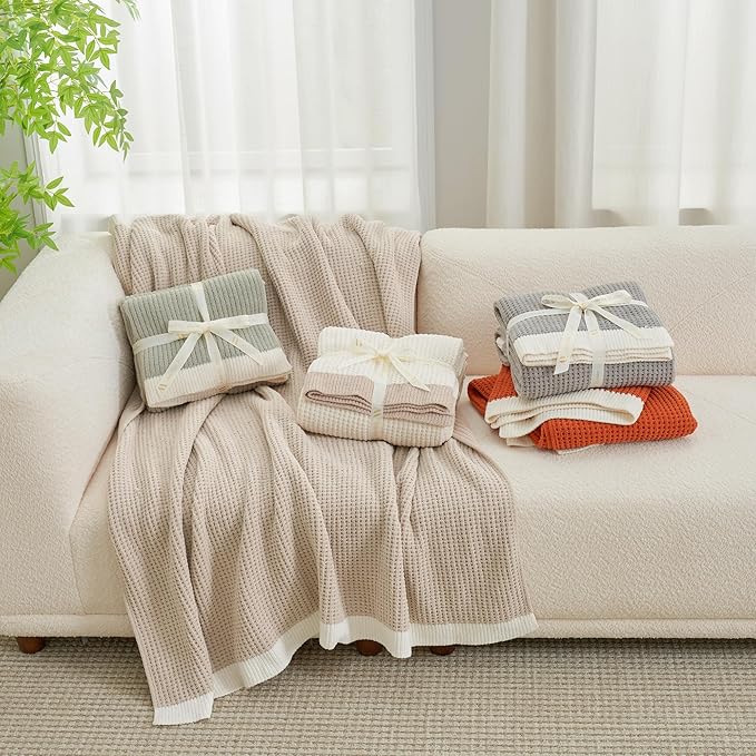 Amélie Home Waffle Throw Blanket for Couch Twin, Soft Cozy Chenille Knit Blanket Warm Decorative Throw for Sofa, Bed, Living Room, 60"x80", Ivory