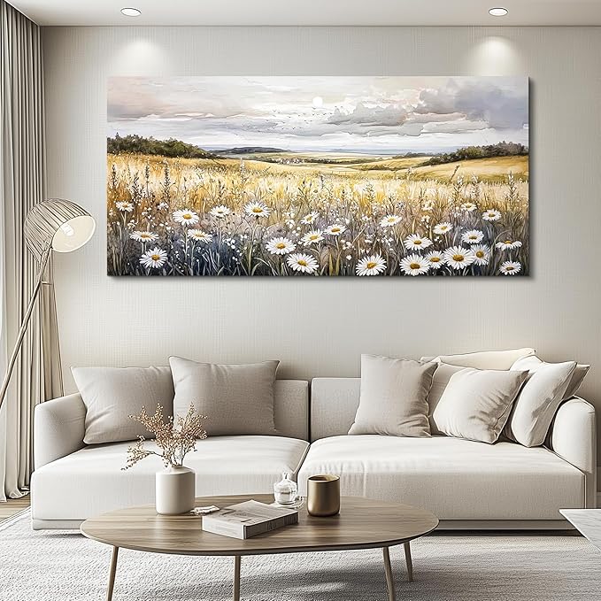 ZUITINGHUA Canvas Wall Art For Living Room Large Wall Decor For Office Bedroom Decoration White Flower Landscape Picture Grassland Painting Artwork Room Wall Mural Aesthetic Home Decor 30x60 In