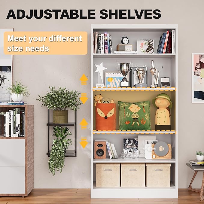 66" Tall Metal Bookcase, 5 Shelf White Bookcase with Adjustable Shelves, Large Bookshelfs and Bookcases, Modern Book Shelf Storage Organizer for Living Room, Home Office, Library