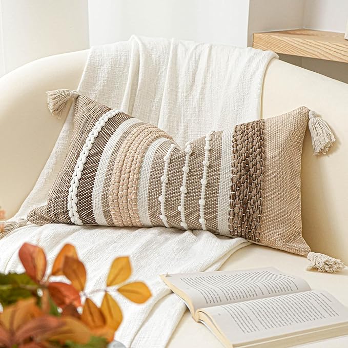 Fall Decorative Lumbar Throw Pillow Cover 14x24 Boho Brown Accent Cushion for Couch Sofa Farmhouse Pillowcase for Bedroom Living Room Home Décor Cover ONLY