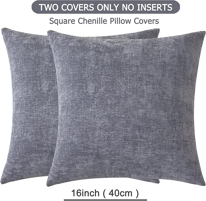 GAWAMAY Decorative Throw Pillow Covers 16x16 Inch Set of 2, Super Soft Chenille Square Pillows Farmhouse Fall Pillowcase for Living Room Bedroom Sofa Couch Cushion Cover Gray 40x40cm (No Insert)