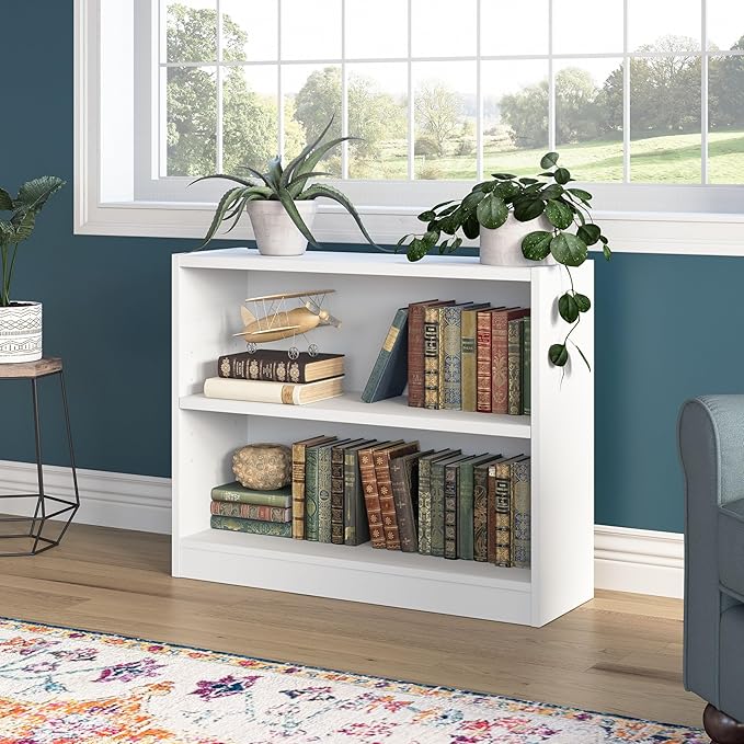 Bush Furniture Universal Small 2 Shelf Bookcase in White, Low Storage and Display Bookshelf for Home Office or Living Room Organization