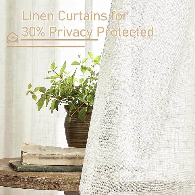 LAMIT Cream Linen Semi Sheer Curtains 45 Inch for Windows, Light Filtering Neutral Bedroom Curtains Farmhouse Boho Back Tab and Rod Pocket Decor Panels, 2 Panels, 52 x 45 Inch