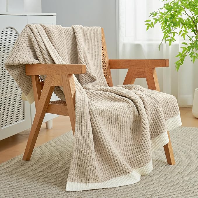 Amélie Home Waffle Throw Blanket for Couch, Soft Cozy Chenille Knit Blanket Warm Decorative Throw for Sofa, 50"x60", Beige