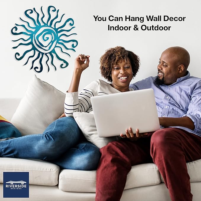 Riverside Designs Wacky Sun Metal Wall Art Indoor/Outdoor Decor - 36" Teal Rust Proof Wall Sculpture - Made in USA - Ideal for Bedroom, Garden, Home, Patio and Farmhouse