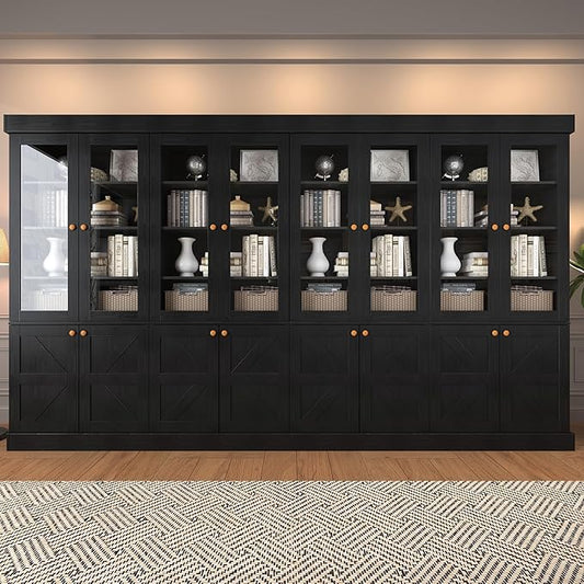 Vyre 71" Tall Farmhouse Kitchen Pantry, Set of 4 Large Storage Cabinets with Glass Doors, Adjustable Shelves, Wood Versatile Hutch Cabinet for Living Room, Dining Room, Black