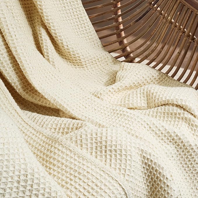 Tex Trend Ivory Waffle Blanket – 100% Cotton Blankets Queen Size – Breathable and Soft for Summer Spring – Suitable for Bed Layering, Sofa – Ivory (90”x90”)