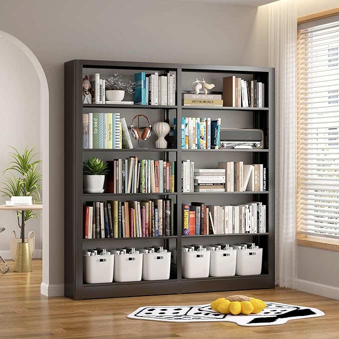 5-Tier Bookshelf, Black Bookcase with Adjustable Storage Shelves, Freestanding Bookcases and Bookshelfs, Wide Bookshelf for Home Office, Living Room, Bed Room, Including Book Stopper (Black)