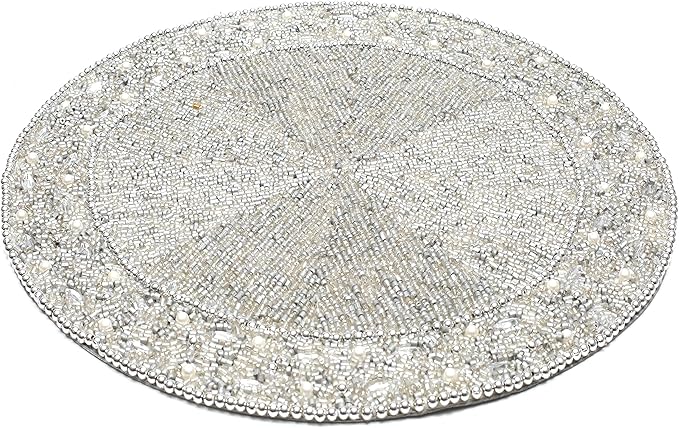 13" Round Beaded Placemats - Handcrafted Glass Beads in White Silver - Luxury Dining Table Decor, Wedding &amp; Housewarming Gift, Holiday Use Pack of 1 by ALPHA Living HOME