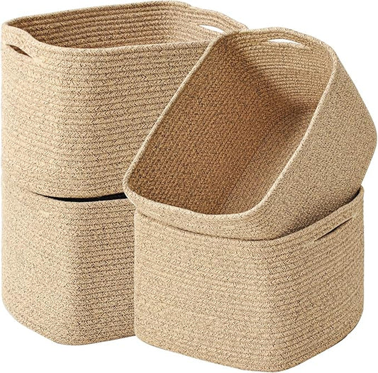 Storage Baskets for Organizing &amp; Shelves, Woven Cotton Rope Organization Bins for Dog Toys, Clothes, Books, Nursery Organizer, 15" Lx11''Wx9.5''H, (4 Packs) Brown