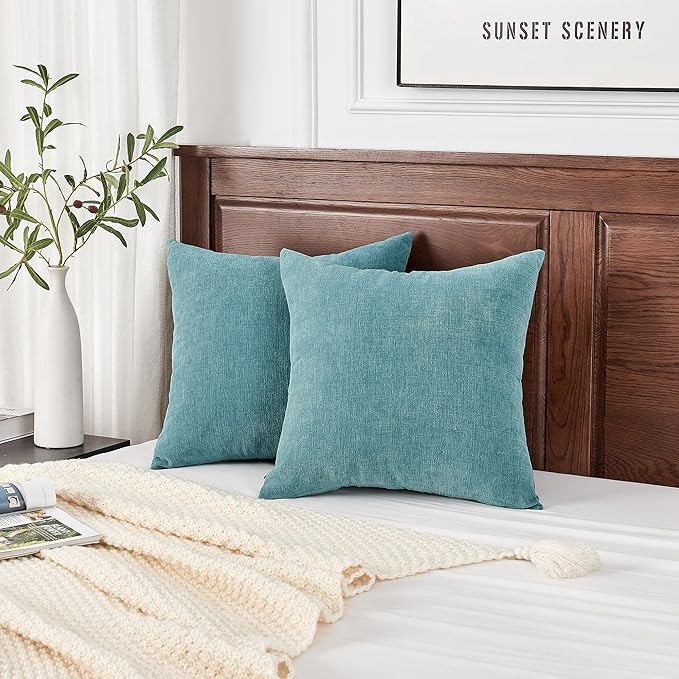 GAWAMAY Decorative Chenille Throw Pillow Covers 26x26 Inch Pack of 2, Soft Square Couch Pillow Cover for Sofa Cushion Living Room Bedroom Oversized Pillowcases Smoke Blue 66x66cm (ONLY Covers)