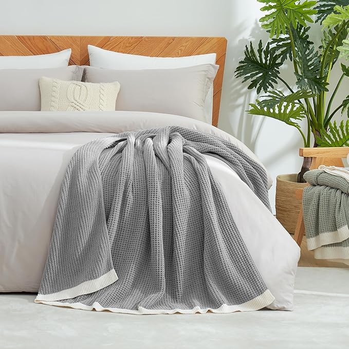 Amélie Home Waffle Throw Blanket for Couch, Soft Cozy Chenille Knit Blanket Warm Decorative Throw for Sofa, 50"x60", Grey
