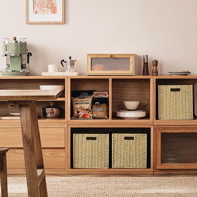 UBBCARE 4 Pack Wicker Basket, 11L×11H×10.5W inch Woven Paper Rope Storage Baskets for shelves, Foldable Cube Storage bin with Handle, Storage Basket for Organizing &amp; Decor, Natural