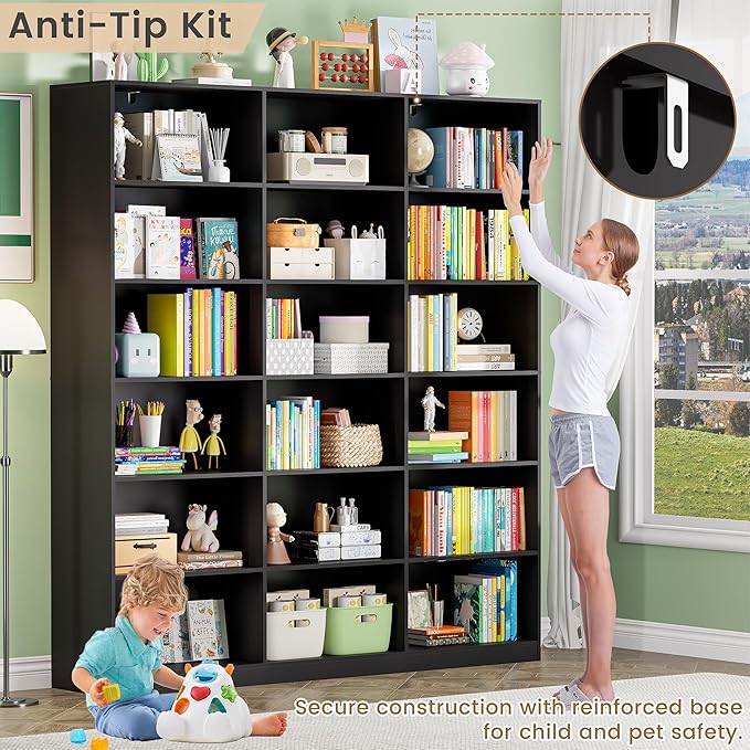 71.6” Tall Bookshelf, Black Bookcase with 18 Shelves, Triple Row Freestanding Display Storage Shelvesm, 2 PC 6 Tier Wide Book Case for Bedroom Living Room Home Office