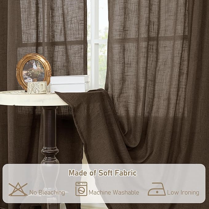 LAMIT Semi Sheer Linen Curtains 45 Inches Long, Light Filtering Panels Back Tab and Rod Pocket Neutral Drapes for Kitchen/Window/Bedroom, Dark Brown, 2 Panels, 52 x 45 Inch