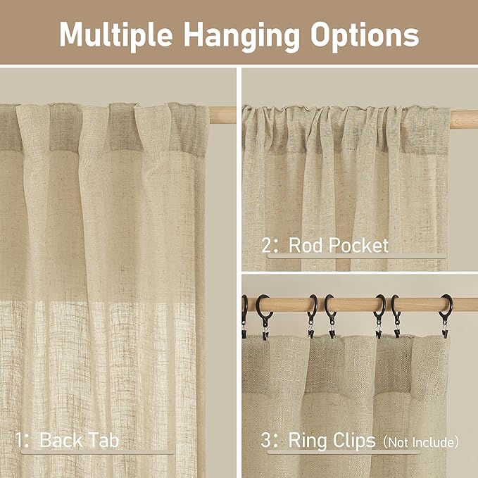 LAMIT Natural Linen Blended Curtains for Living Room, Back Tab and Rod Pocket Semi Sheer Curtains Light Filtering Country Rustic Drapes for Bedroom/Farmhouse, 2 Panels,52 x 120 Inch, Linen