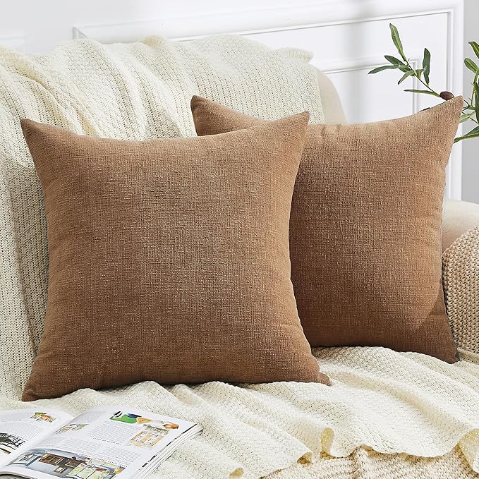GAWAMAY Decorative Square Throw Pillow Covers 18"x18" Inch Set of 2, Super Soft Chenille Pillows Cover Fall Pillowcase for Living Room Bedroom Sofa Couch Cushion Cover Brown 45x45cm (No Inserts)