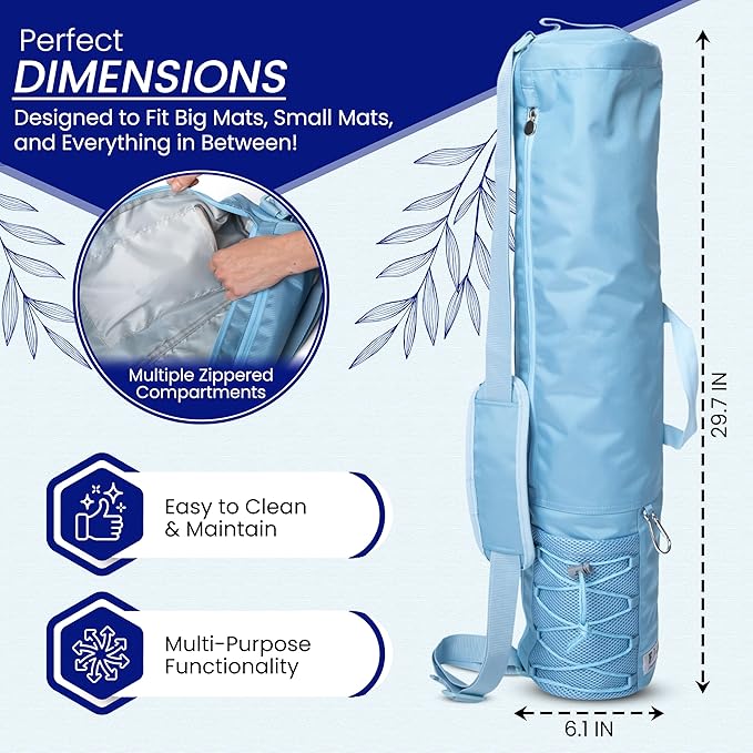 Large Yoga Mat Bag for Men & Women | Premium, Waterproof, Bottle Pocket, Ventilation & Padded Adjustable Strap | Stylish and Sky Blue Yoga Mat Carrying Bag | Great for Gym & Travel Use