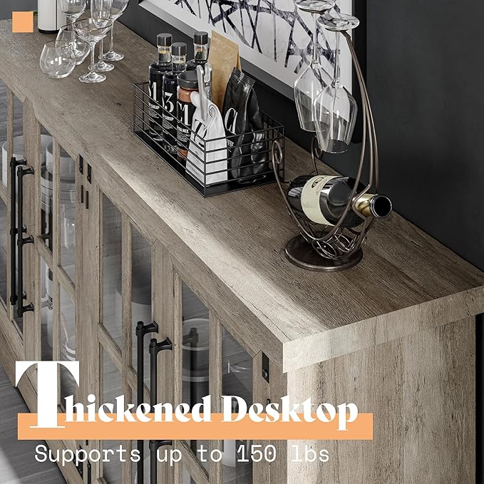 AMERLIFE Farmhouse 63" Buffet Sideboard Cabinet with Glass Door, Large Storage Cabinet with Adjustable Shelf, Wooden Coffee Bar Station for Kitchen, Dinning Room, Rustic Gray