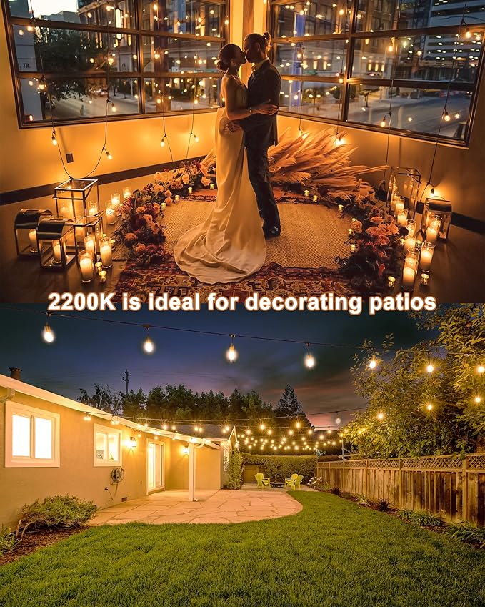GANA Outdoor String Lights for Patio 48FT 2200K 12V Safety Voltage, LEDs with High CIR, 15 E26 Hanging Sockets, Shatterproof S14 Plastic Bulbs, IP65 Waterproof for Garden, Terrace, Outside